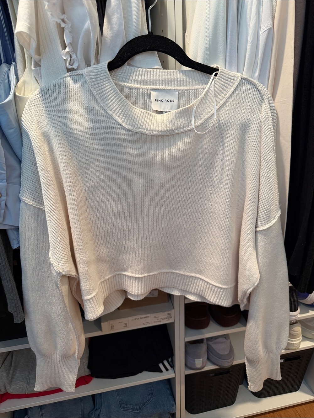 PINK ROSE Cream Cropped Crewneck Sweater